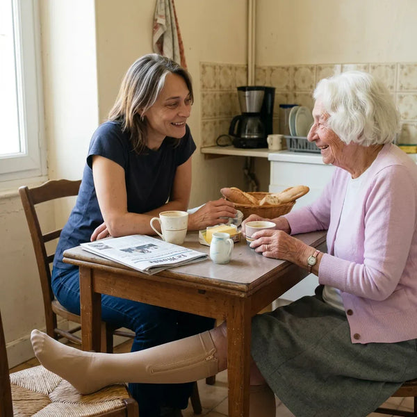 Une fille et sa mère âgée prennent un café dans la cuisine, la mère porte ses chaussettes de compression