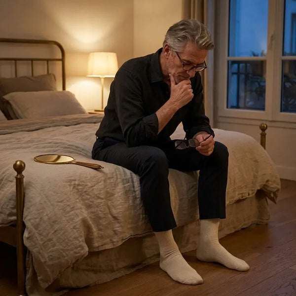 Un homme assis sur son lit vérifie ses pieds le soir, il porte des chaussettes ivoire sans élastique
