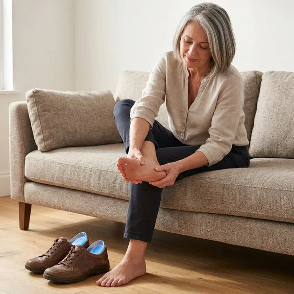 Une femme assise sur un canapé masse la plante et le talon de son pied