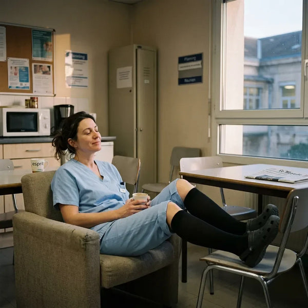 Une infirmière en fin de service, assise en salle de pause, les jambes surélevées, avec des chaussettes de compression noires