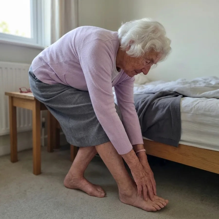 Femme âgée penchée en avant au bord du lit pour atteindre son pied