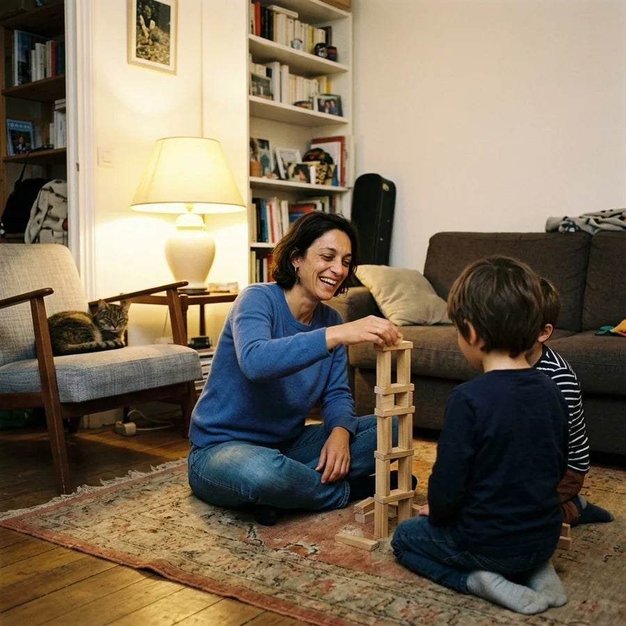 Une femme joue avec ses enfants dans le salon en fin de journée