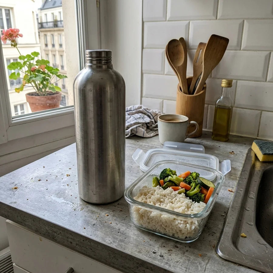 Gourde et repas préparé sans sel posés sur un plan de travail