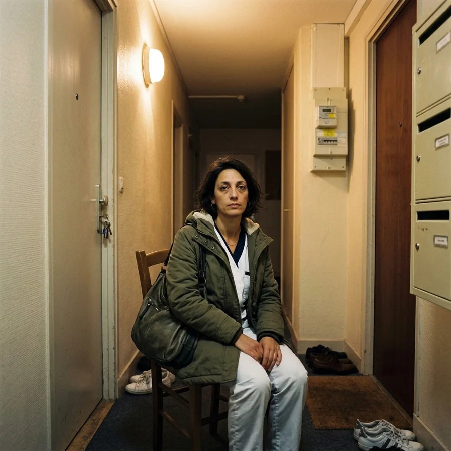 Une femme rentre du travail et s'assoit dans l'entrée sans retirer sa veste