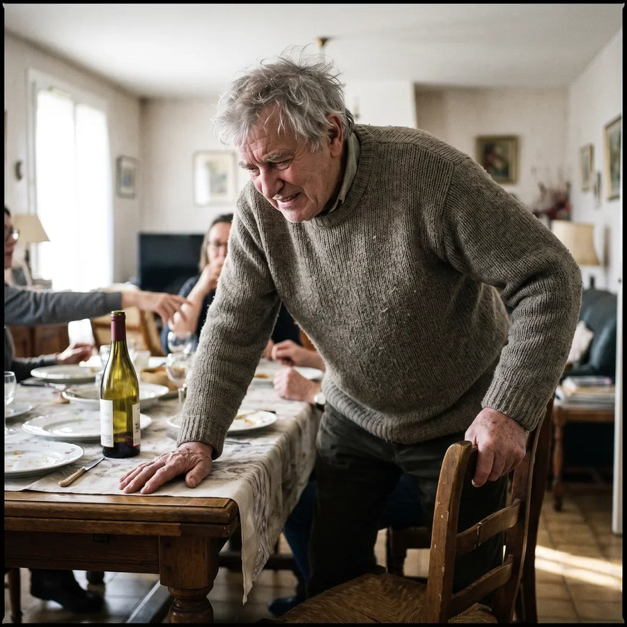 Dimanche, 14h. Il se lève de table en trois temps : une main sur la table, une sur le dossier, une pause, et ce petit « hnn » qu'il n'entend même pas.