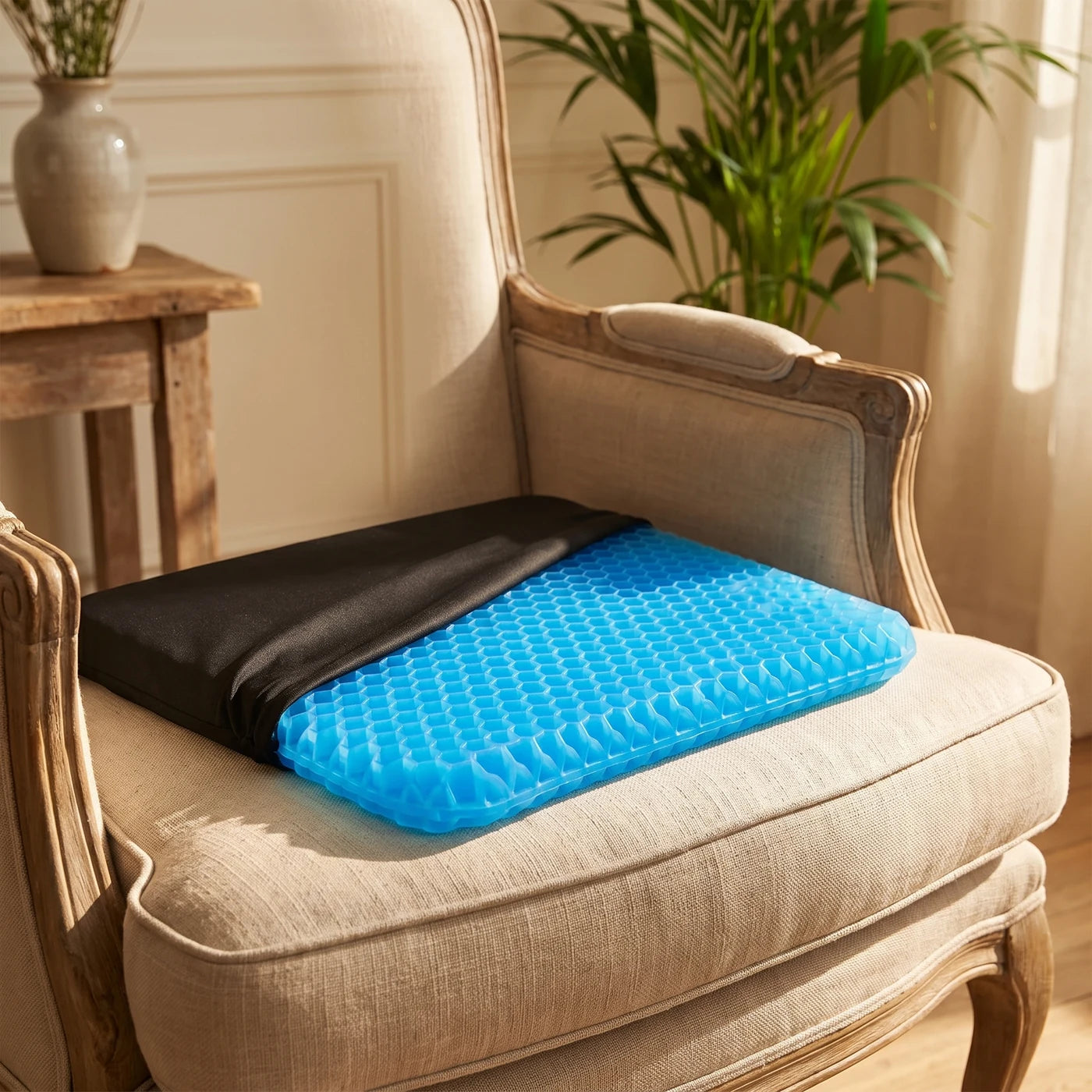 Le coussin en gel Alvéane posé sur un fauteuil