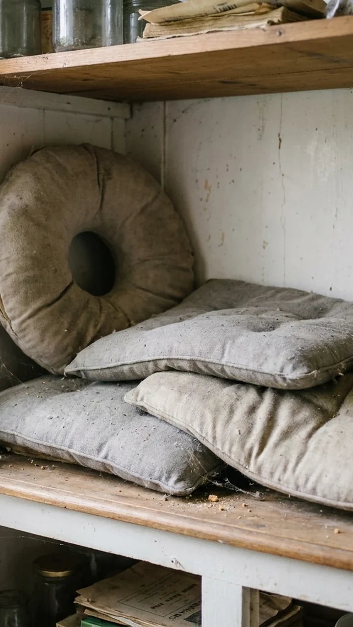 Vieux coussins en mousse affaisses entasses au fond d un placard