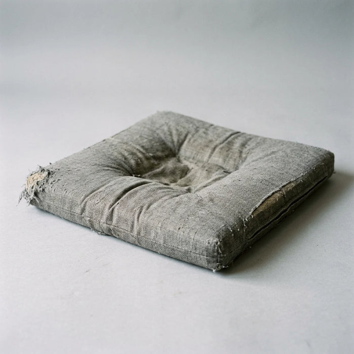Vieux coussin en mousse a memoire de forme affaisse et creuse au centre