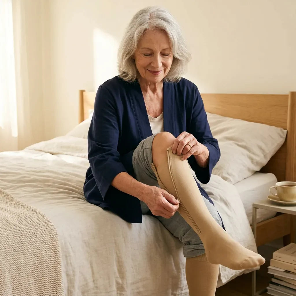 Une femme âgée remonte seule la fermeture latérale de sa chaussette de compression, assise au bord du lit