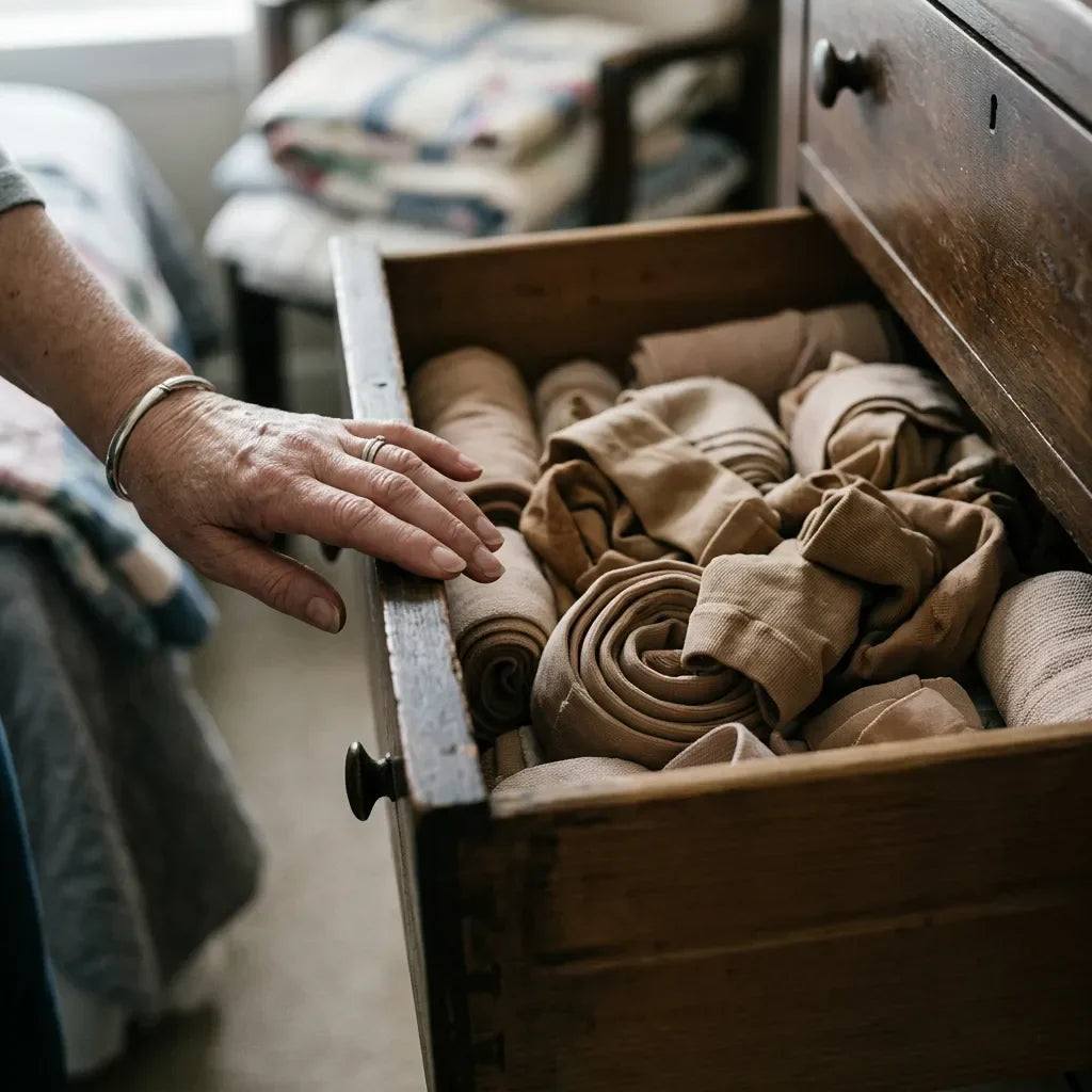 Un tiroir de chambre plein de bas de contention roulés, jamais portés