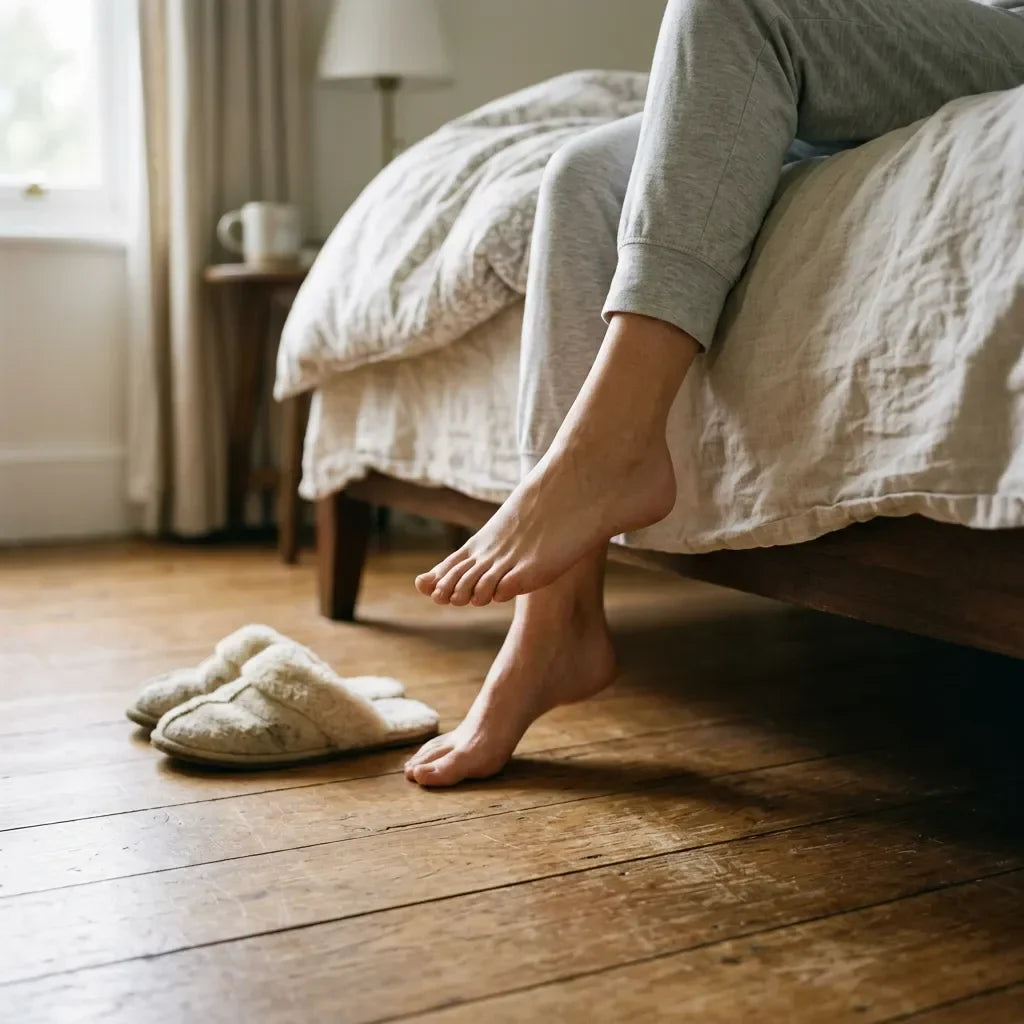 Les pieds nus d'une femme qui hésite à poser le pied sur le parquet de sa chambre au réveil