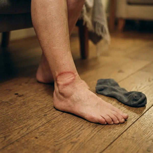 Une marque rouge laissée par l'élastique d'une chaussette au-dessus de la cheville, le soir