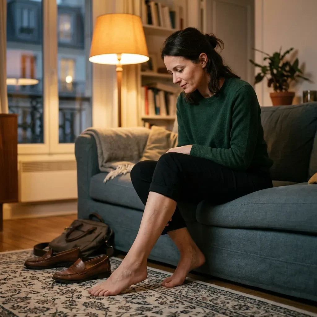 Une femme assise sur un canapé regarde l'arrière de son mollet après sa journée de travail