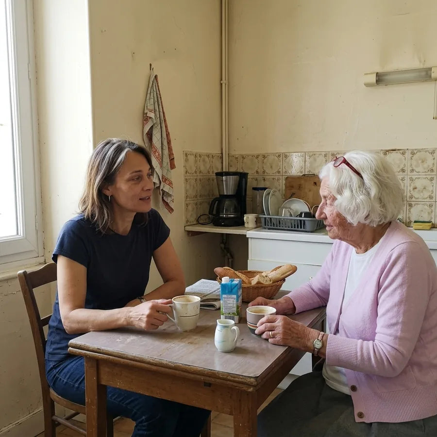 Mère et fille discutant à table dans la cuisine, un matin ordinaire