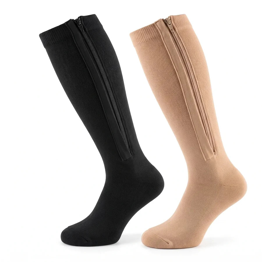 Chaussettes de compression ALVEANE en noir et en beige, fermeture éclair latérale le long du mollet