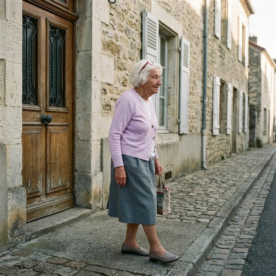 Une femme âgée sort seule de chez elle, sac au bras, dans une rue ensoleillée