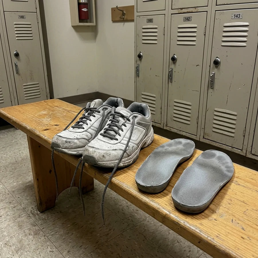 Chaussures de travail et semelles orthopédiques posées dans un vestiaire