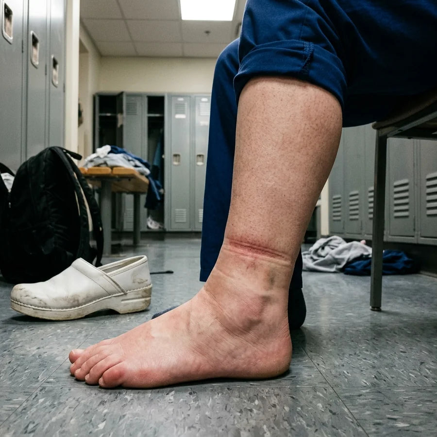 Cheville gonflée en fin de service, marquée par la chaussette, dans un vestiaire d'hôpital