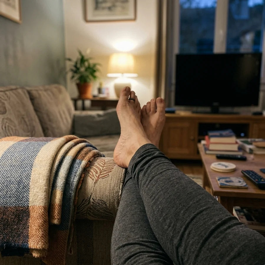 Jambes surélevées sur l'accoudoir d'un canapé en fin de journée