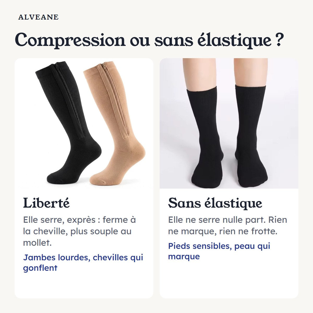 Compression ou sans élastique : Liberté serre exprès, la sans élastique ne serre nulle part.
