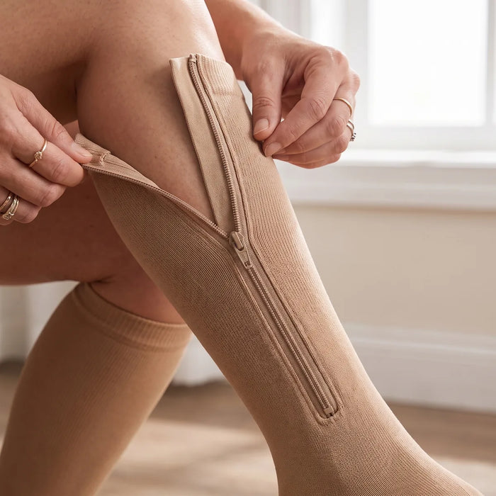 Vous remontez le zip le long du mollet. C'est mis, du talon au genou. La compression est en place, sans que vous ayez tiré une seule fois.