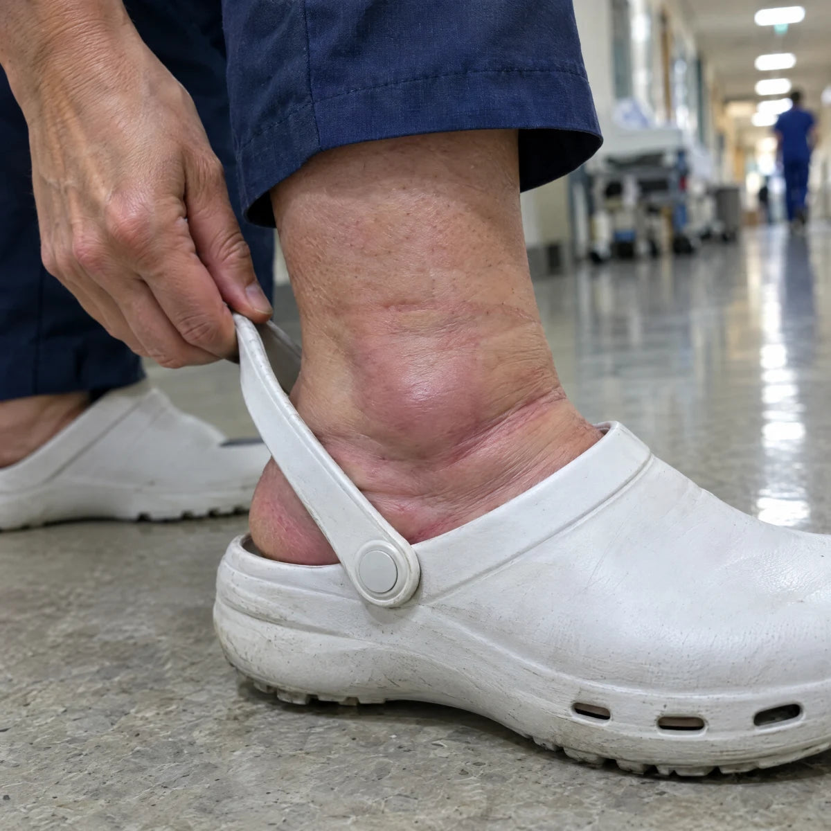 Une cheville gonflée dans une chaussure de travail en fin d'après-midi.