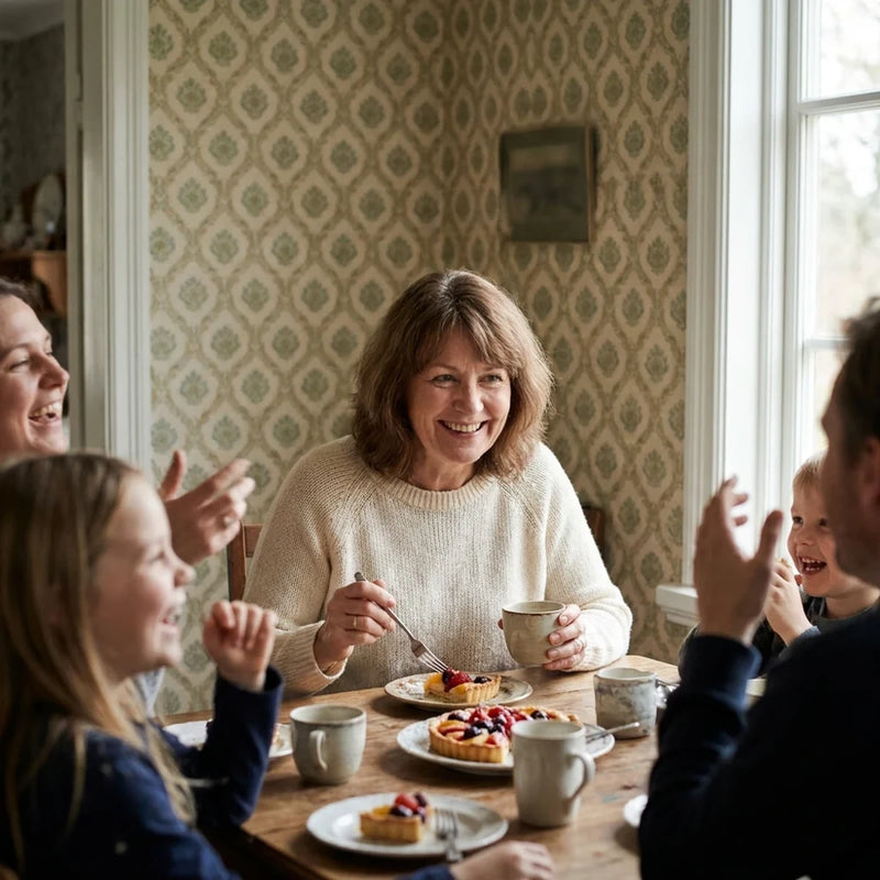 Femme restee a table jusqu au cafe, souriante avec ses petits-enfants