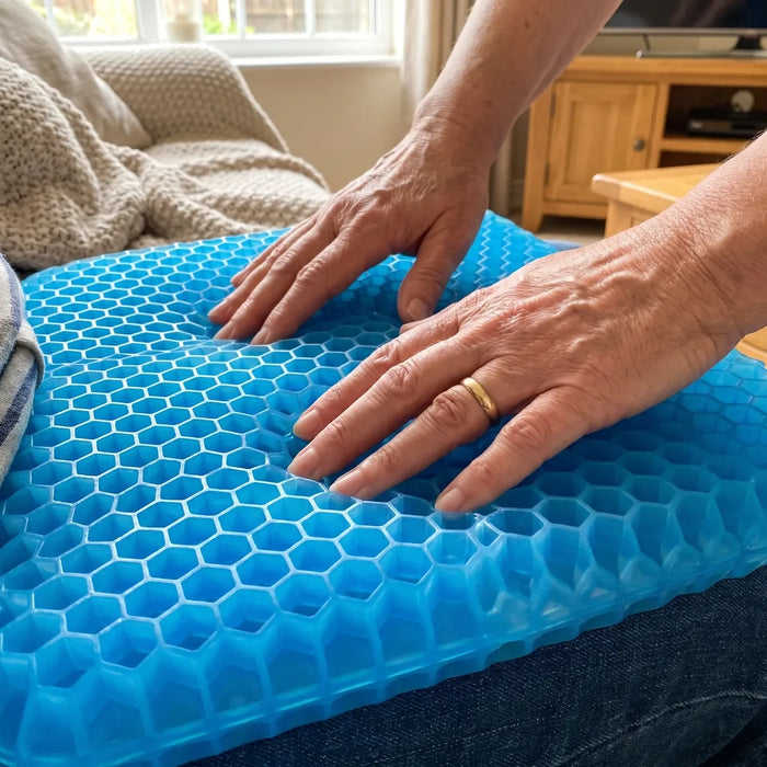 Coussin en gel ALVEANE tenu sur les genoux avant d etre pose