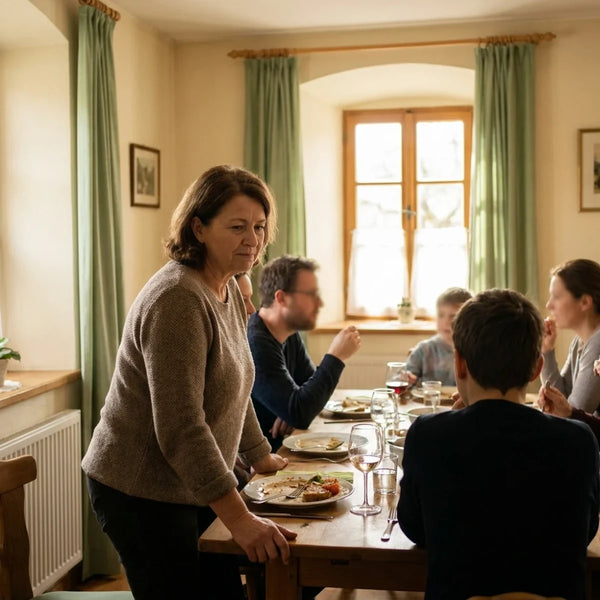 Femme qui se leve de table avant le dessert pendant un repas de famille